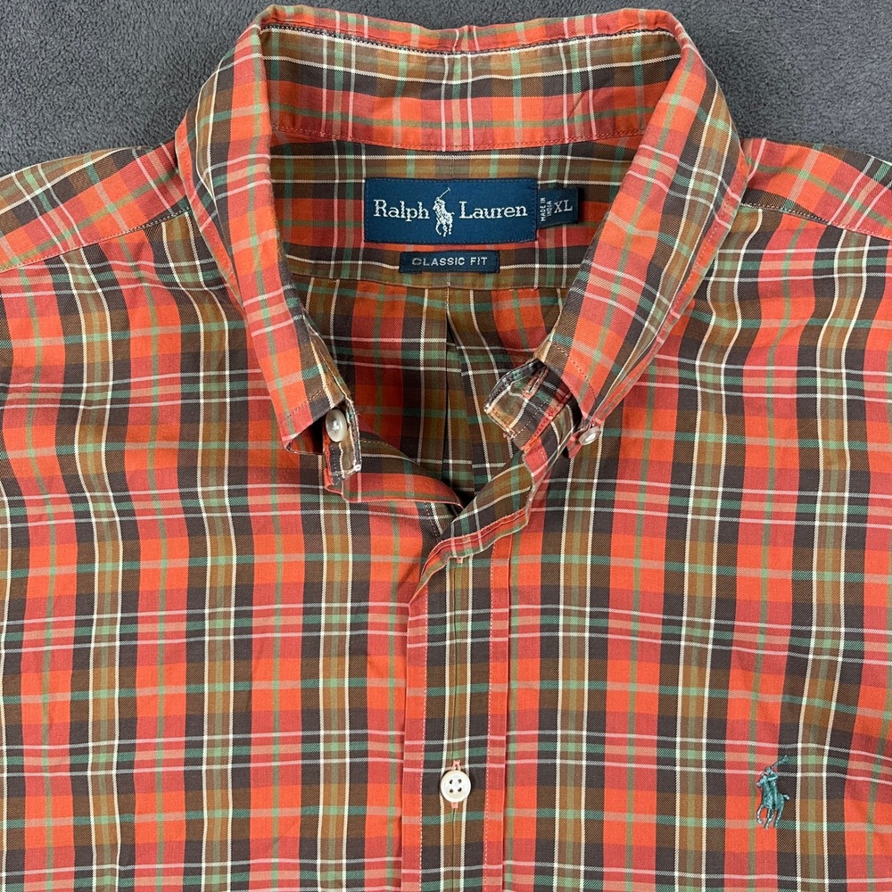 Ralph Lauren Shirt Mens XL Orange Plaid Classic Fit Long Sleeve Cotton Button Up